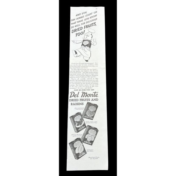 Del Monte Dried Fruits and Raisins 1938 Vintage Print Ad Peaches Apricots Prunes - Picture 1 of 5